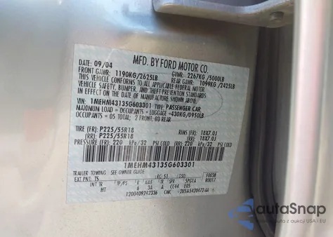 2005 Mercury Montego Premier из США, поврежденный, VIN 1MEHM43135G603301